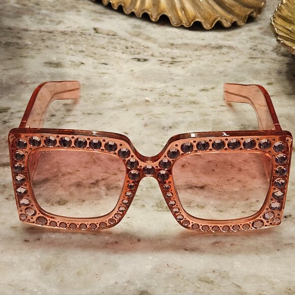 GUCCI HOLLYWOOD FOREVER OVERSIZED SQUARE PINK EMBELLISHED CRYSTAL SUNGLASSES - Picture 2 of 7